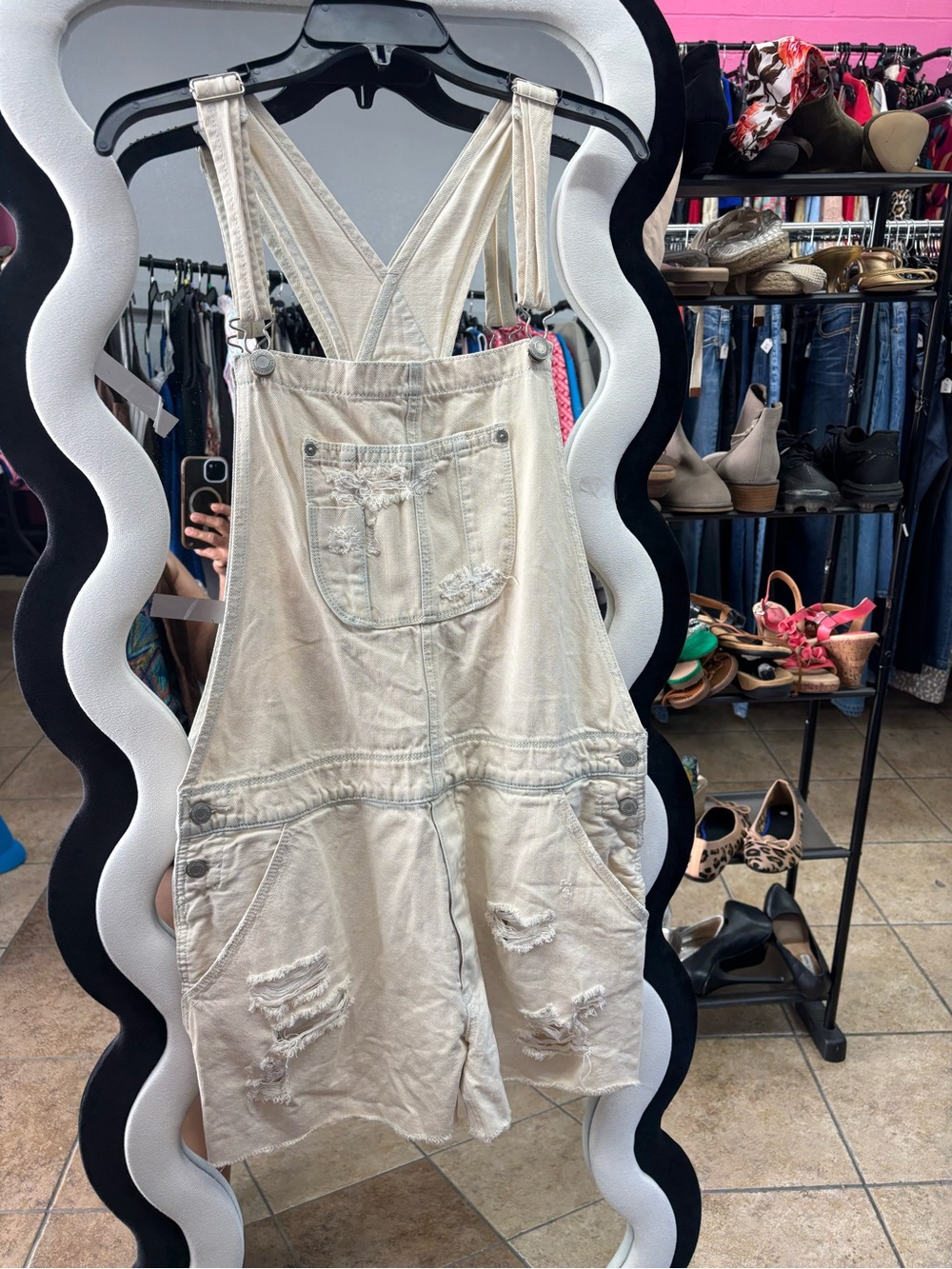 American Eagle Outfitters Light Beige Distressed Denim Short Overalls